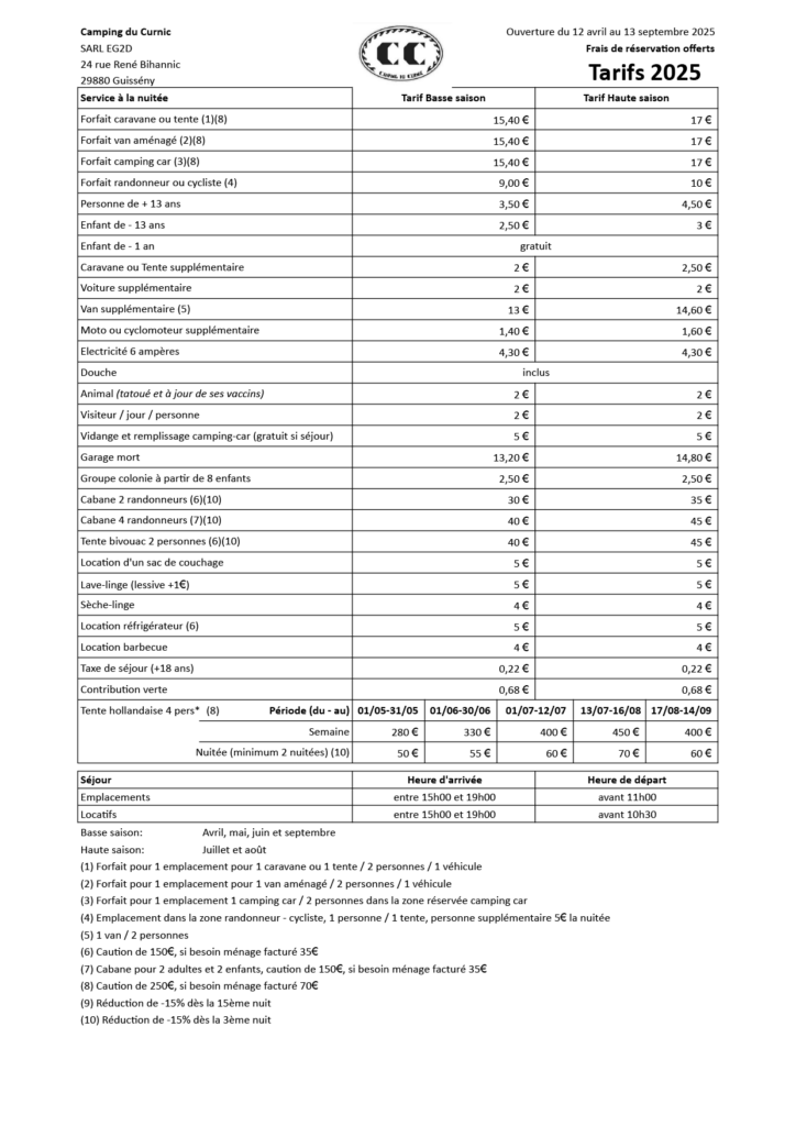 Tarifs 2025 Camping du Curnic